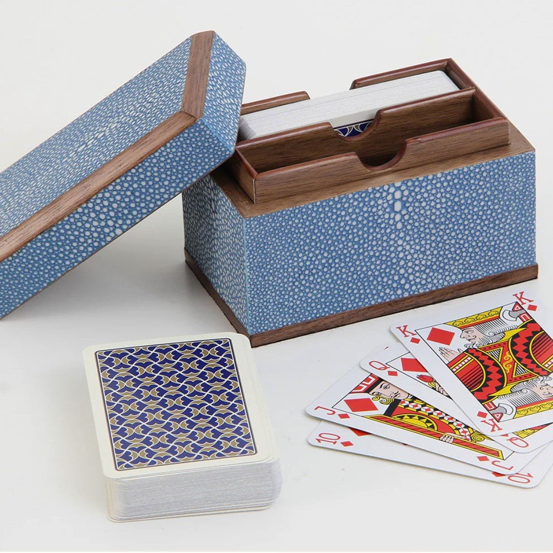 Duke blue faux shagreen playing card box with walnut wood lining, holds one pack, 12 x 6 x 8 cm