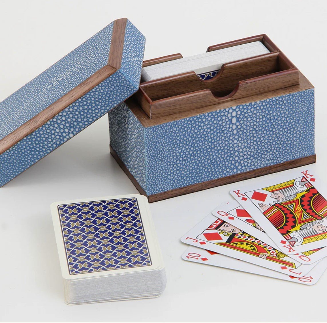 Duke blue faux shagreen playing card box with walnut wood lining, holds one pack, 12 x 6 x 8 cm