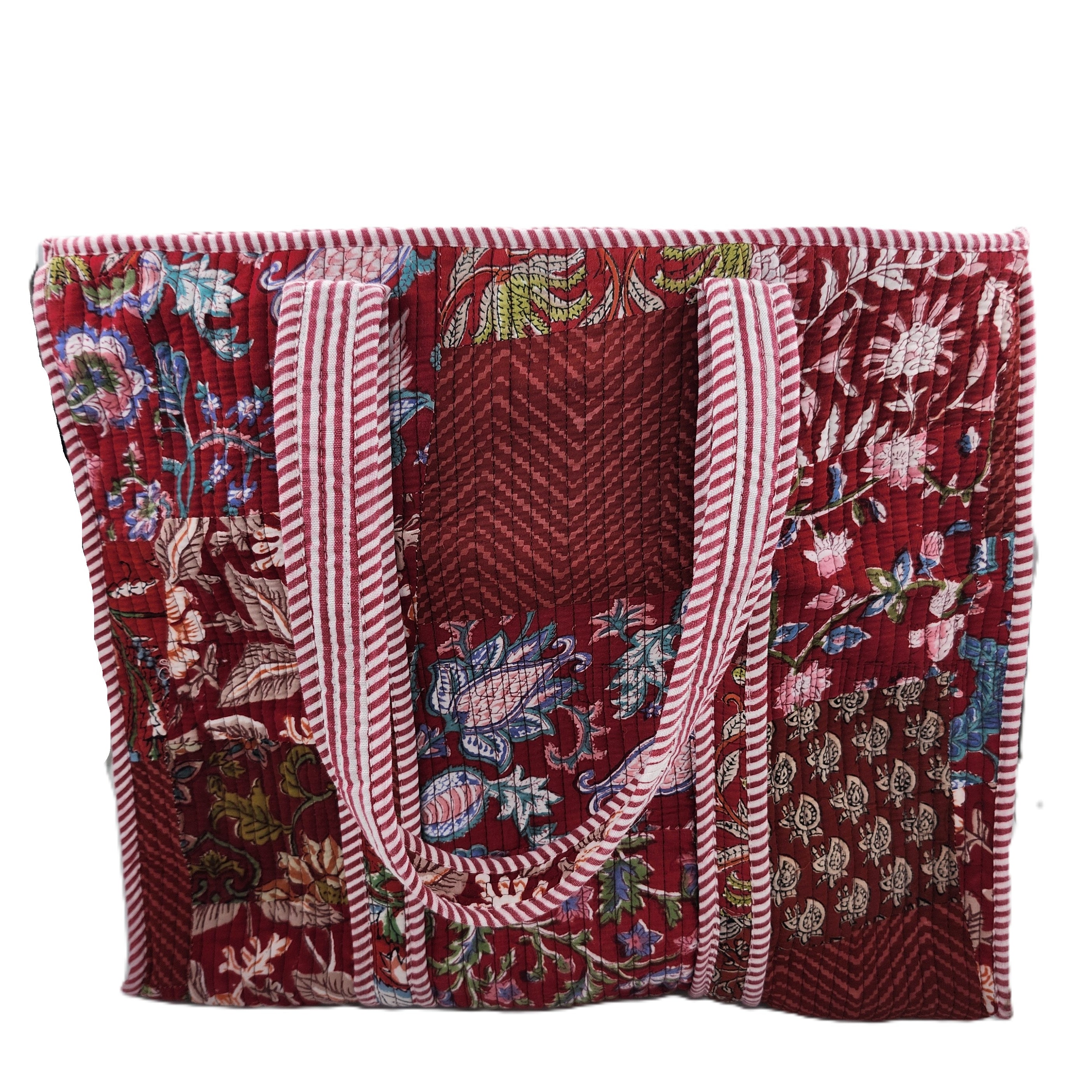 Quilted block print cotton shopper bag in patchwork design with contrast lining and inner pocket, 43 x 35.5 cm