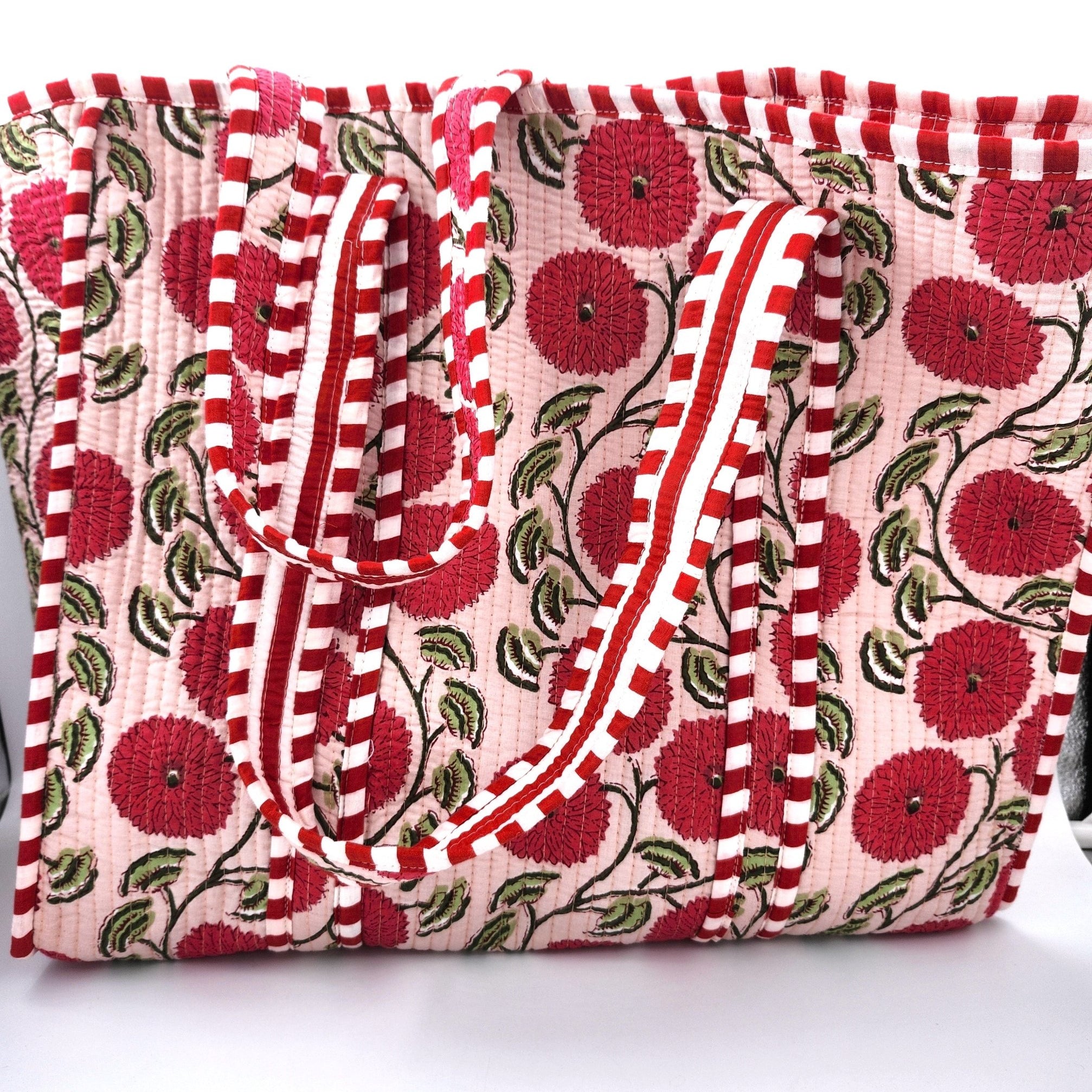 Block Print Shopper Bag Flower from Inside Living Singapore, handbags. Shown in use.