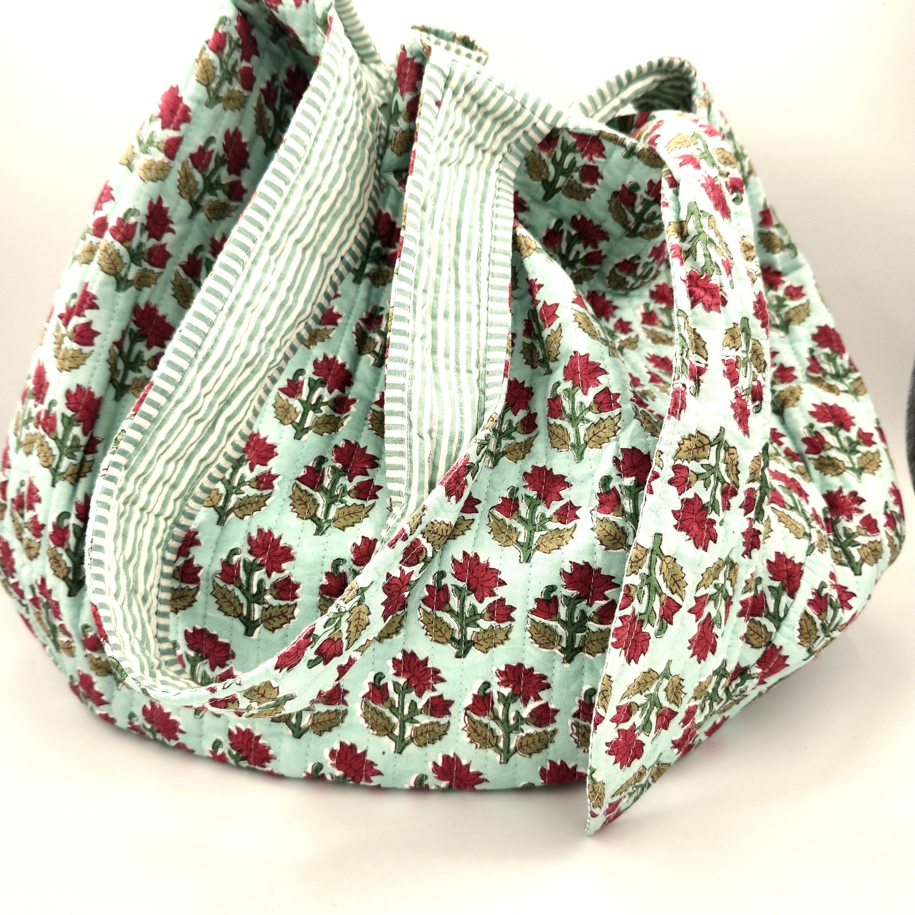 Block Print Shopper Bag Flower from Inside Living Singapore, handbags. Shown showing texture and finish.