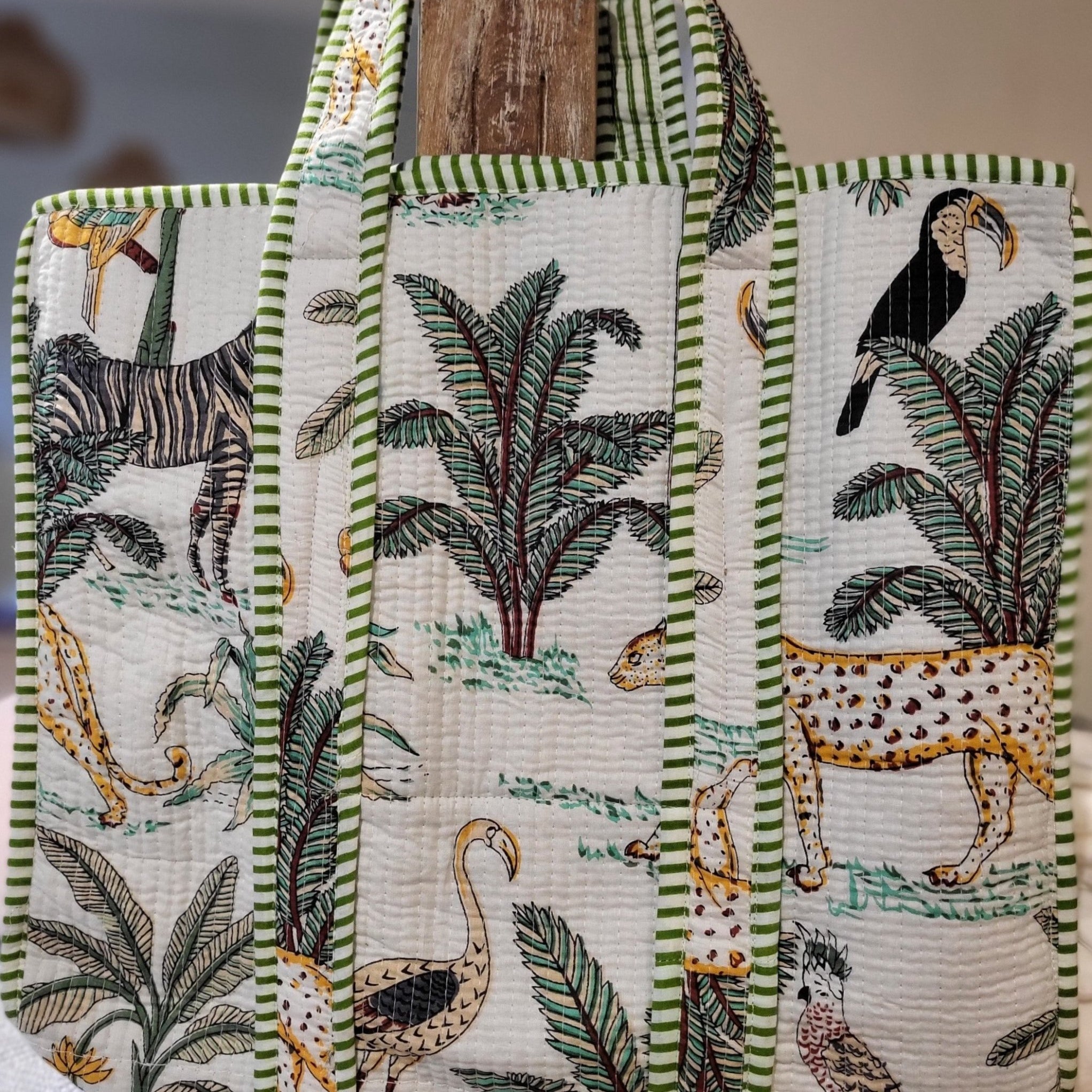 Block Print Shopper Bag Safari, part of the Handbags collection at Inside Living Singapore, detail of the design.