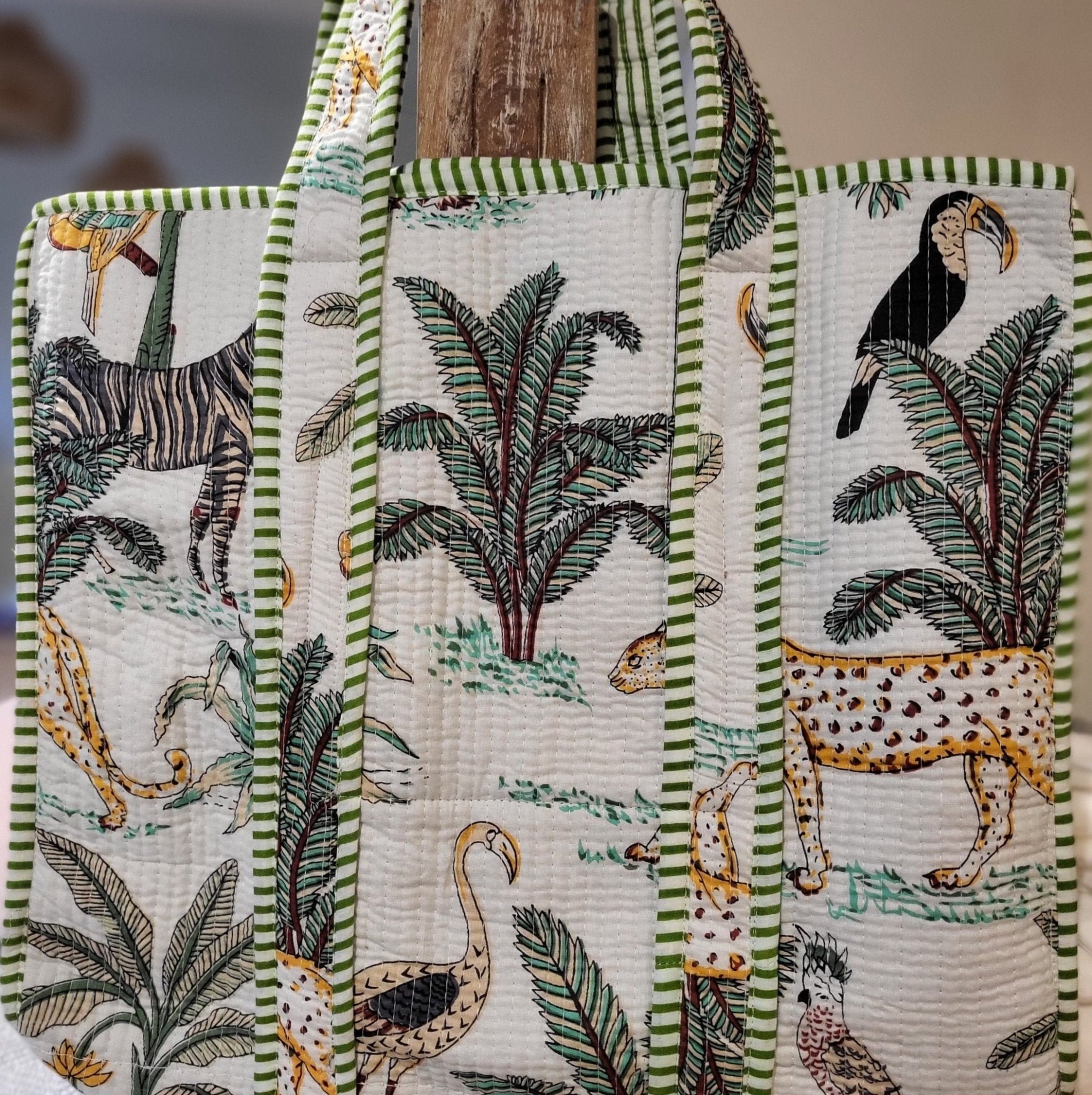 Block Print Shopper Bag Safari, part of the Handbags collection at Inside Living Singapore, detail of the design.