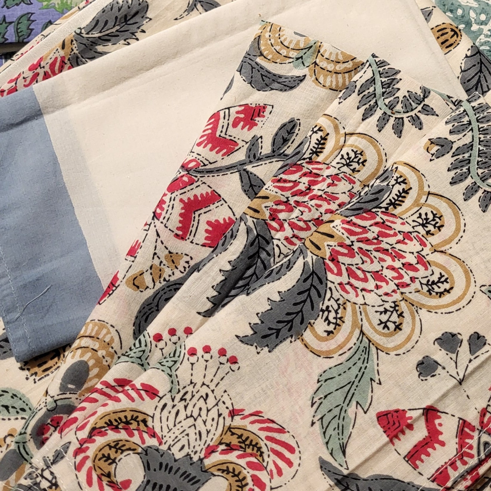 Cotton block-printed table runner with an all-over spring blossom print, 34 x 250 cm or 34 x 300 cm