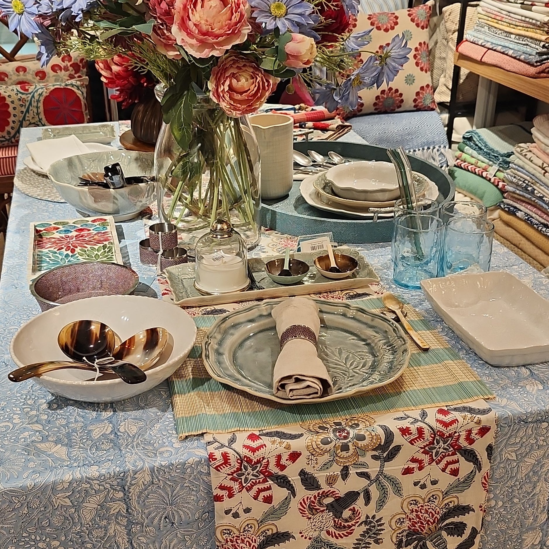 Block Print Runner Spring Blossom from Inside Living Singapore. Shown styled in a home setting.