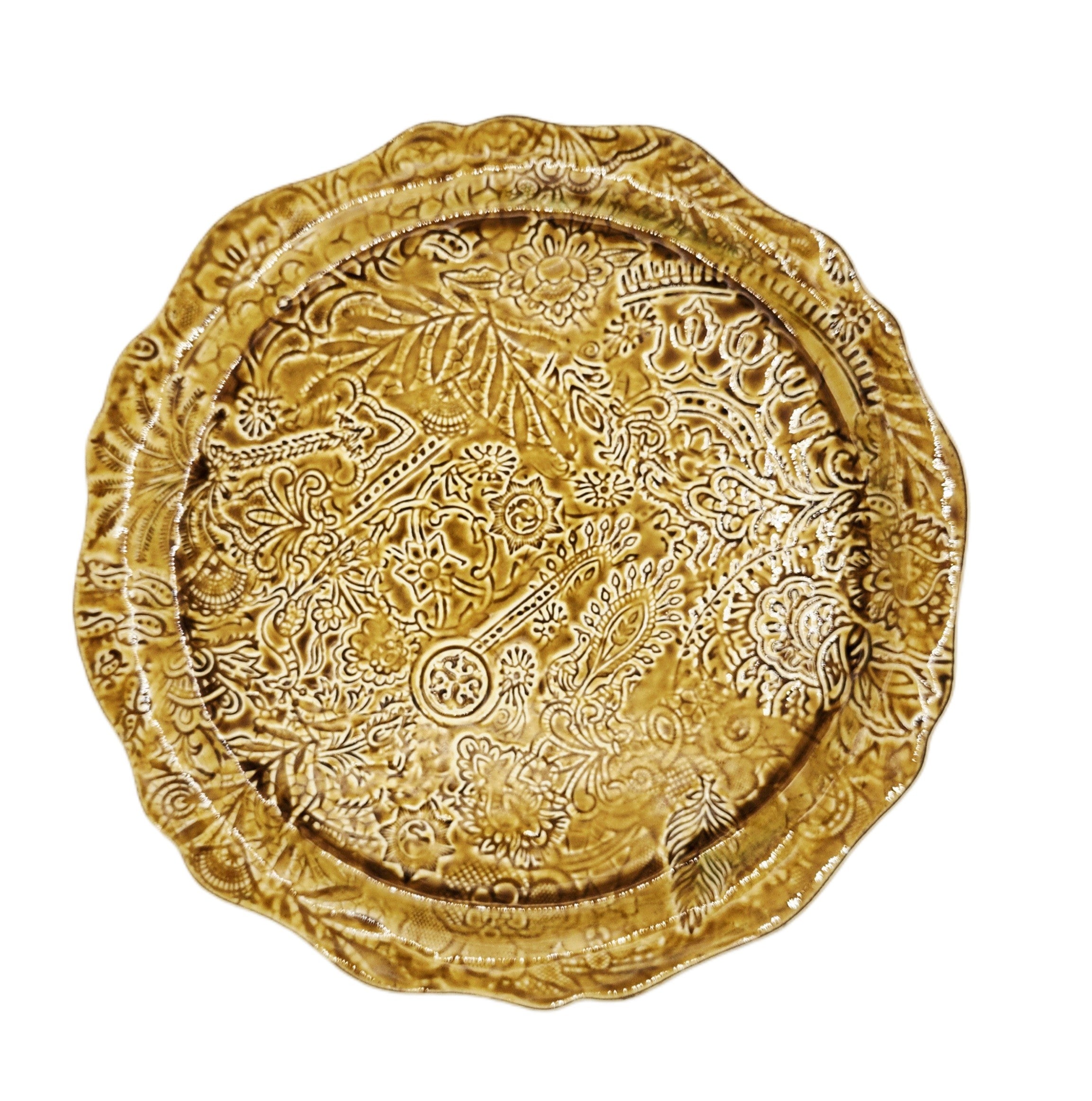 Round ceramic pizza plate in pineapple design, hand-finished tableware for serving pizza and sharing dishes