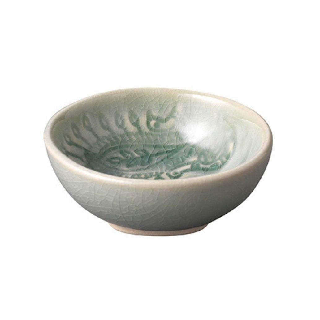 Antique-glaze dip bowl seen from an angle, 8 cm across, for salt, pepper, chilli flakes or soy sauce