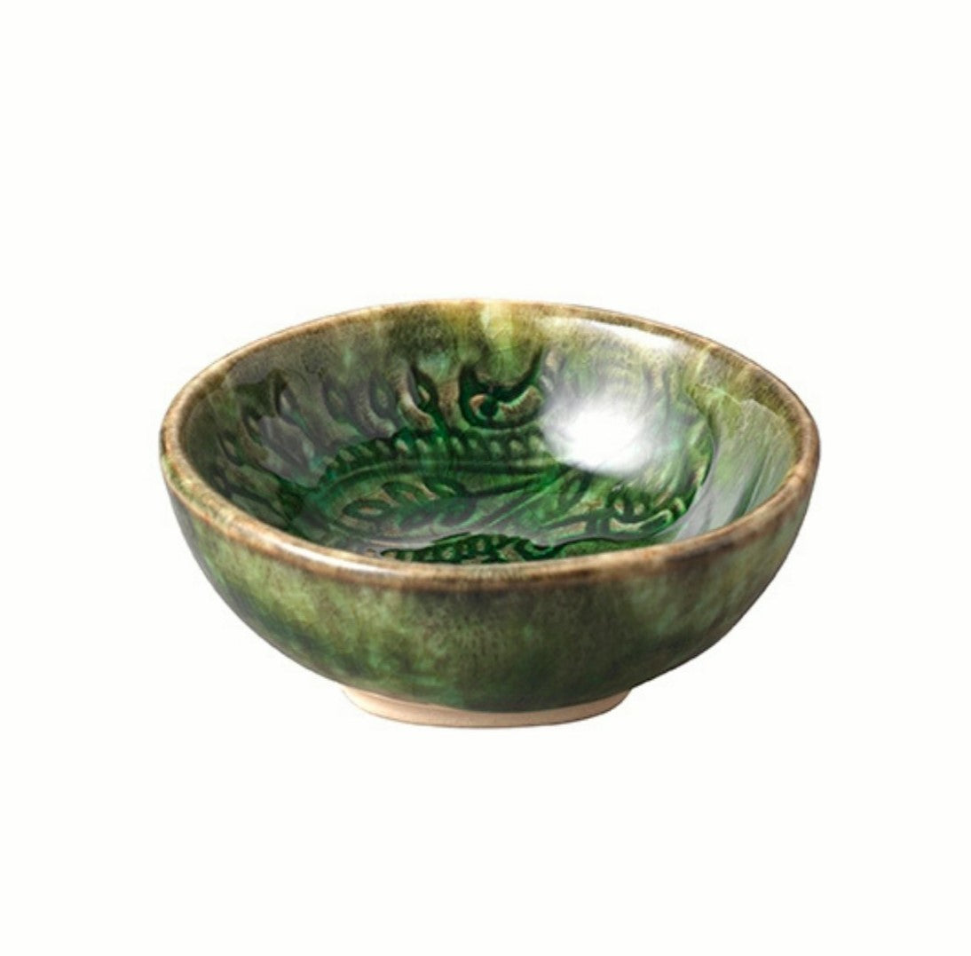 Small seaweed glaze ceramic dip bowl, handcrafted for sauces and snacks, from Inside Living Singapore Front view.