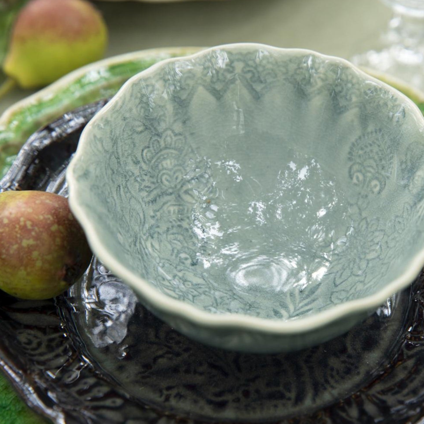 Alternative view of the antique glazed soup or rice bowl, to pair with a salad plate or dinner plate.