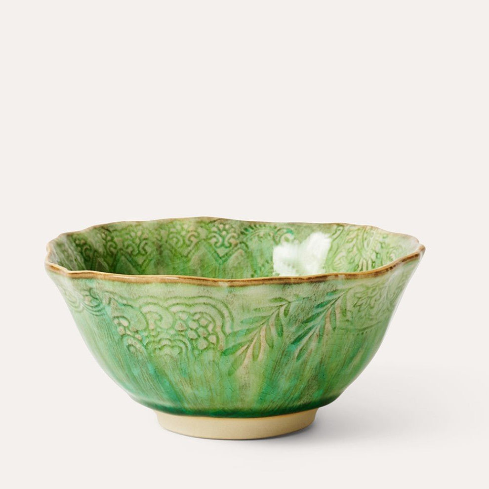 Ceramic soup or rice bowl with a scalloped edge, glazed in seaweed, crafted in Portugal for soup or rice.
