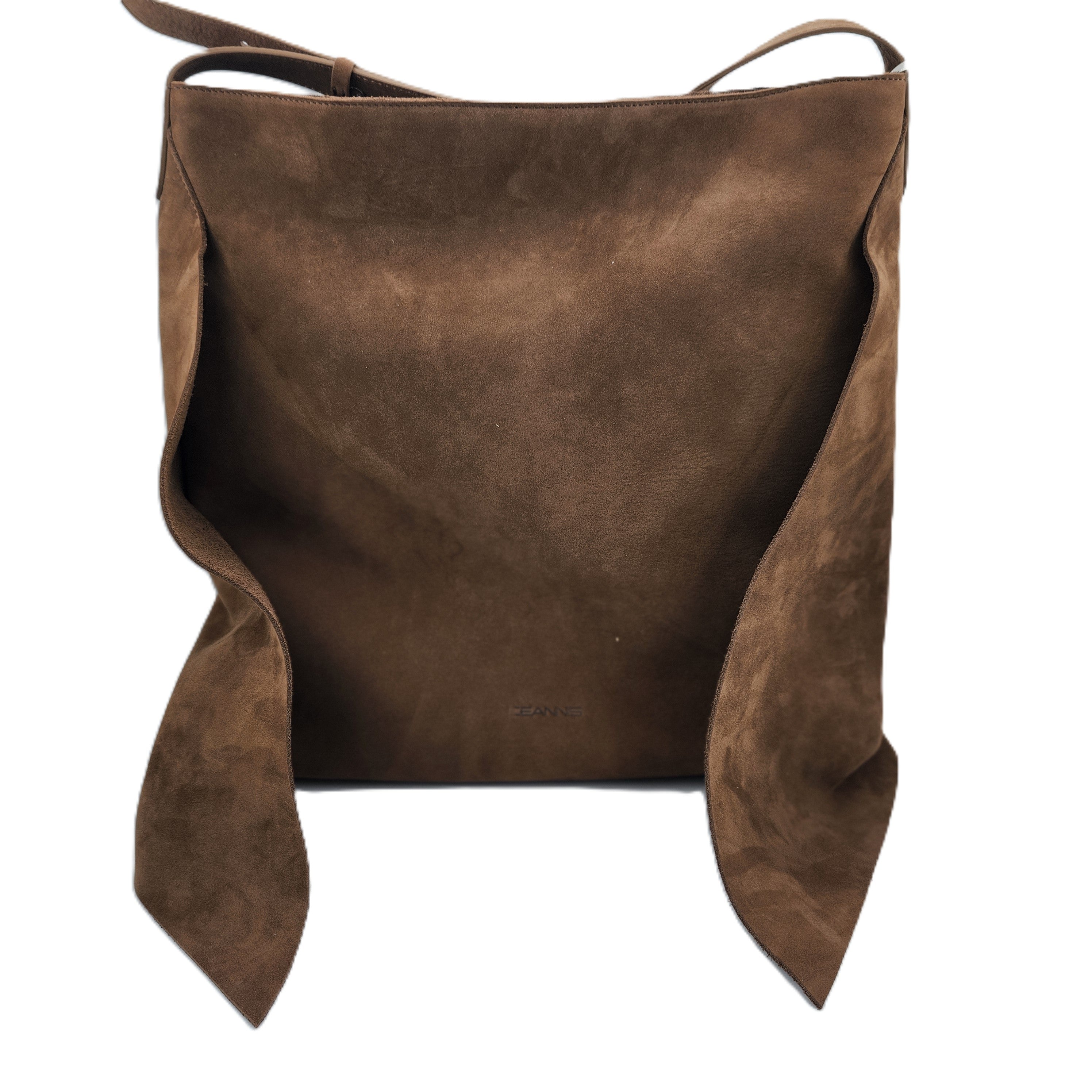 Soft suede shoulder bag in light brown with adjustable leather strap and zip closure, 34 x 22 x 14cm