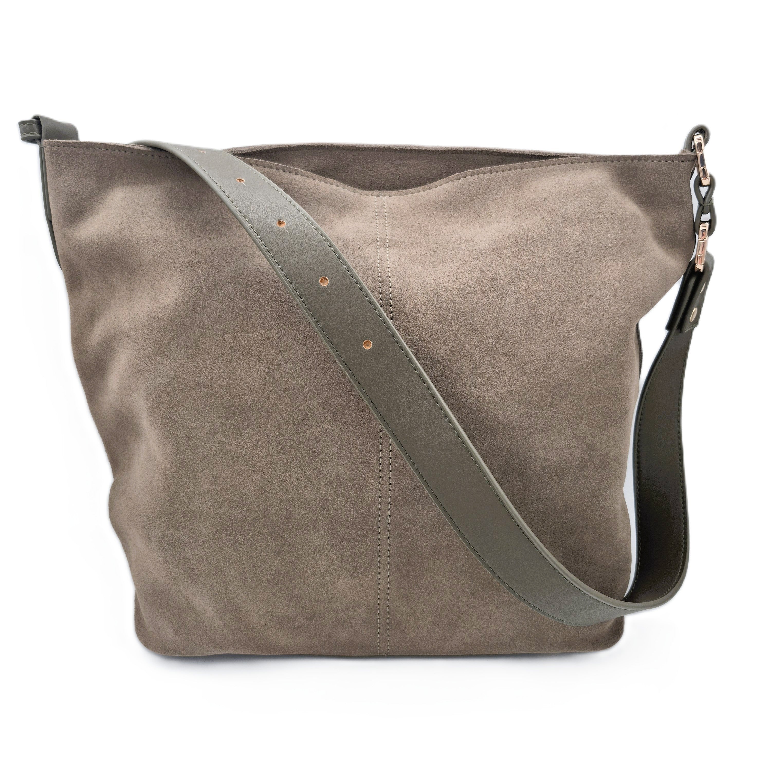 Natural taupe soft suede tote bag with zip pocket and adjustable leather strap, 28 x 36 x 12.5 cm