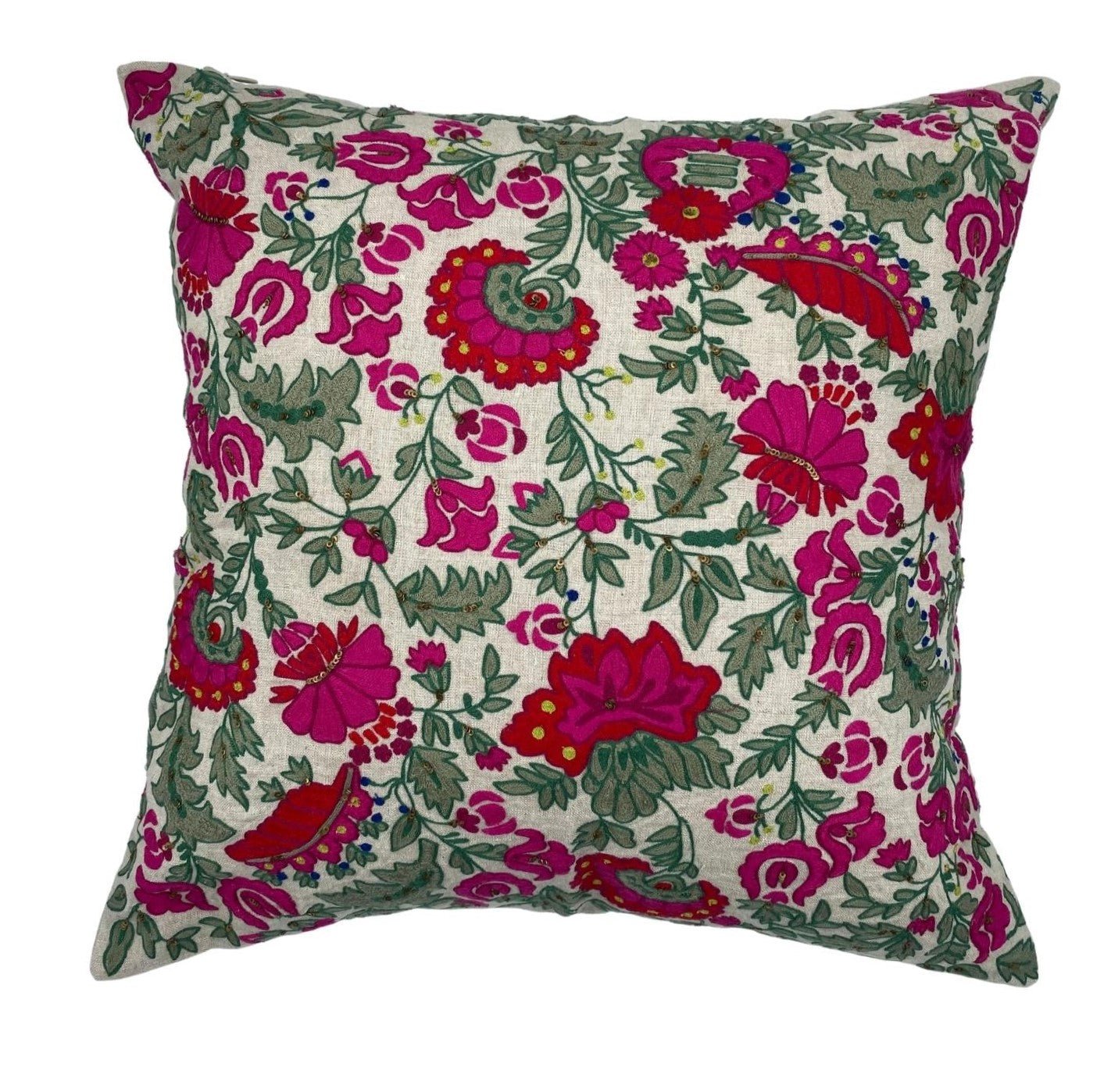 Hand-embroidered linen cushion cover with a bright floral design in red, pink and green, 45 x 45 cm
