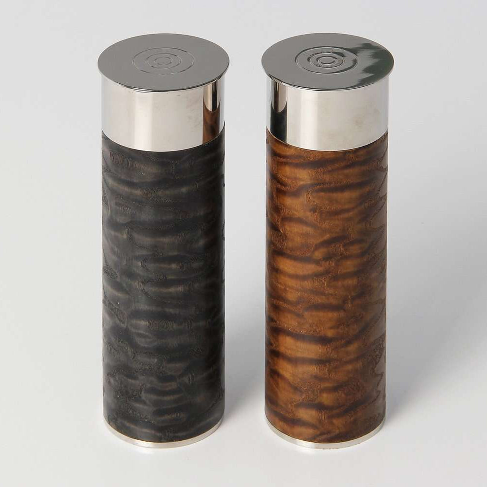 Salt and pepper grinder set in Japanese tamo ash, shaped like shotgun cartridges, 18 cm with ceramic grinders