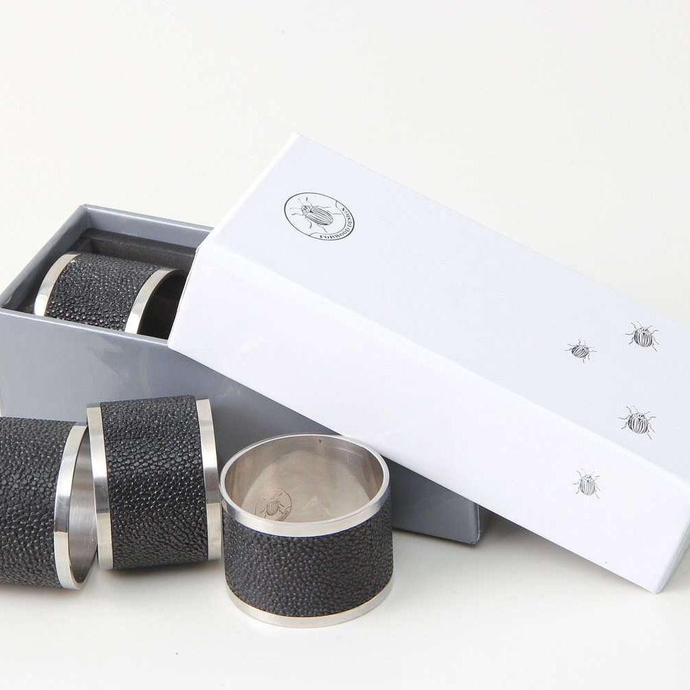 Set of 4 napkin rings in caviar black faux shagreen with stainless steel, 5 cm across for a dressed table