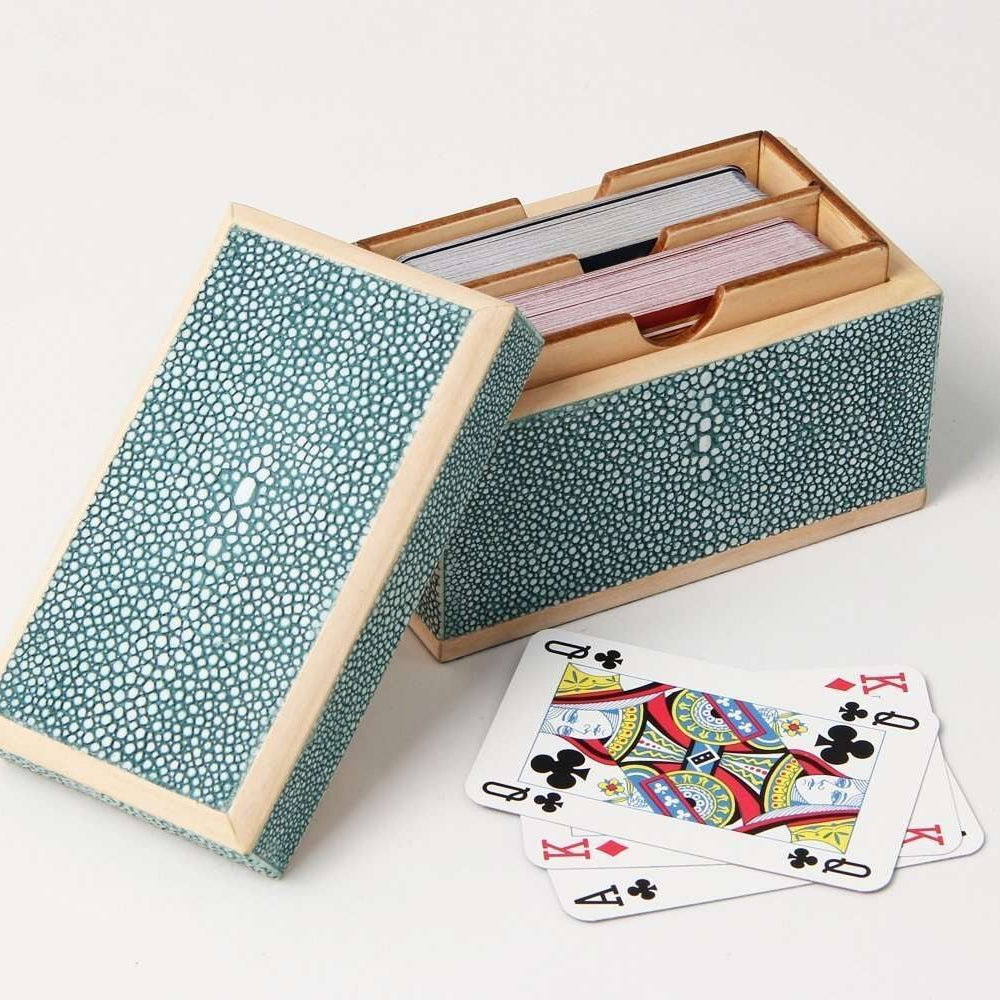 Playing card box in teal faux shagreen with walnut lining, 12 x 8 cm, to hold and protect a pack of cards