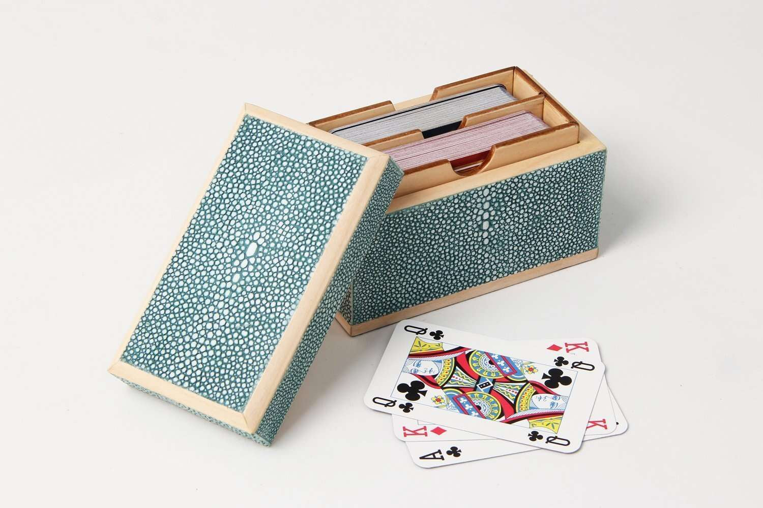 Playing card box in teal faux shagreen with walnut lining, 12 x 8 cm, to hold and protect a pack of cards