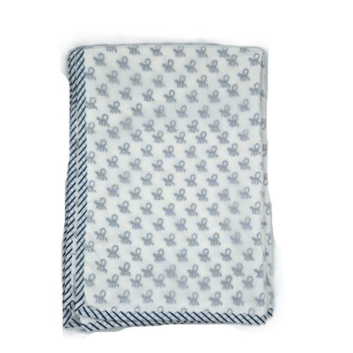 Detail view of the toddler dohar blanket fabric, showing the block print and voile layers.
