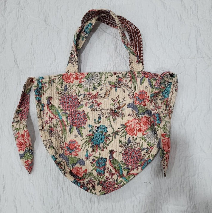 Block print tote bag with side ties that tuck in or tie together, a cotton shoulder bag with two comfortable handles.