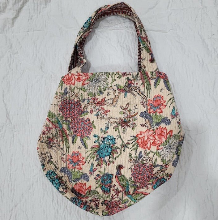 Another view of the V-shaped cotton tote bag in block print, machine washable and roomy enough for daily essentials.