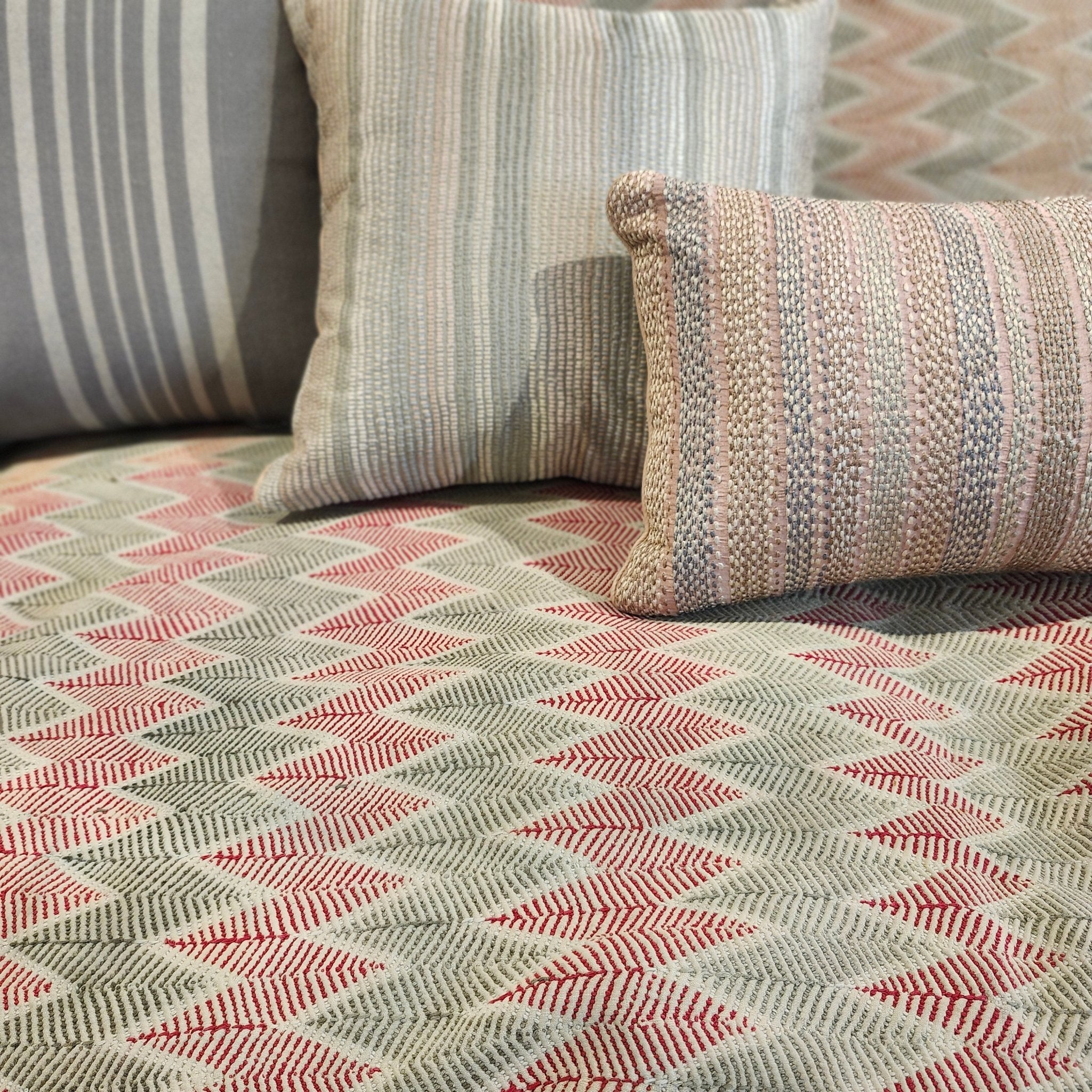 Embroidered Cushion Shell Pink Stripes, decorative cushion cover at Inside Living Singapore. Alternate view.