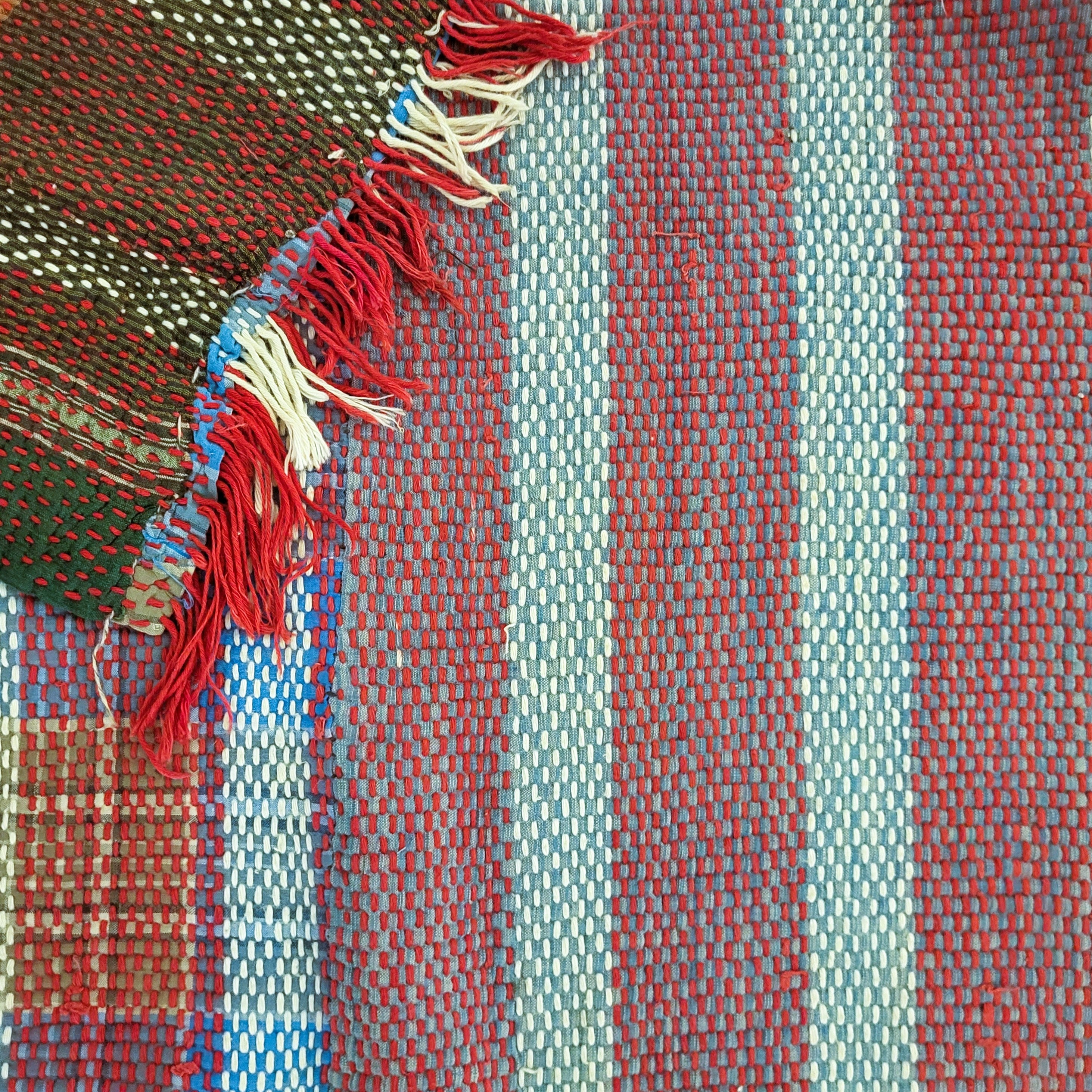 Reversible vintage cotton kantha quilt, faded stripes one side and gingham check the other, 123 x 200 cm