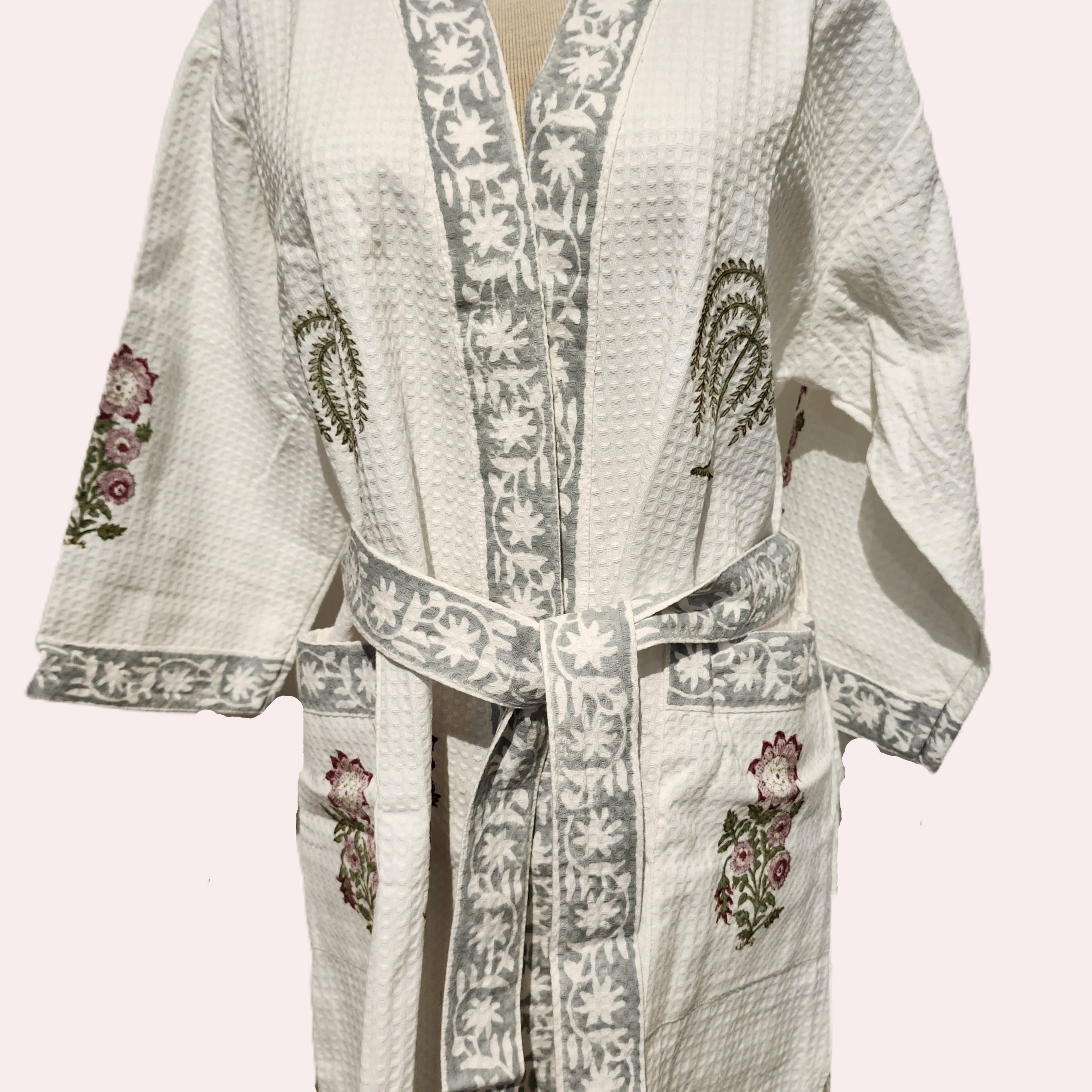 Block Print Waffle Bathrobe, detail view, from the Inside Living Singapore homeware collection.