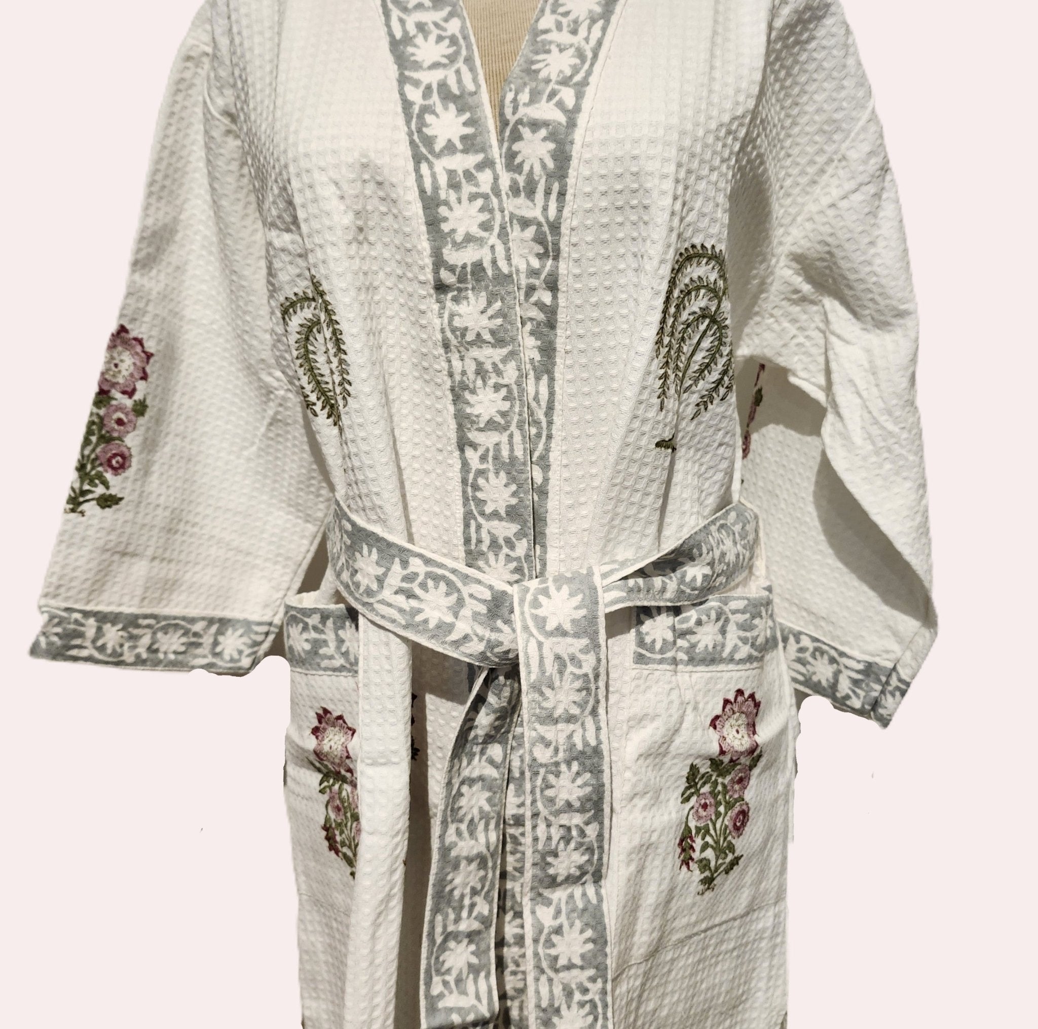Block Print Waffle Bathrobe, detail view, from the Inside Living Singapore homeware collection.
