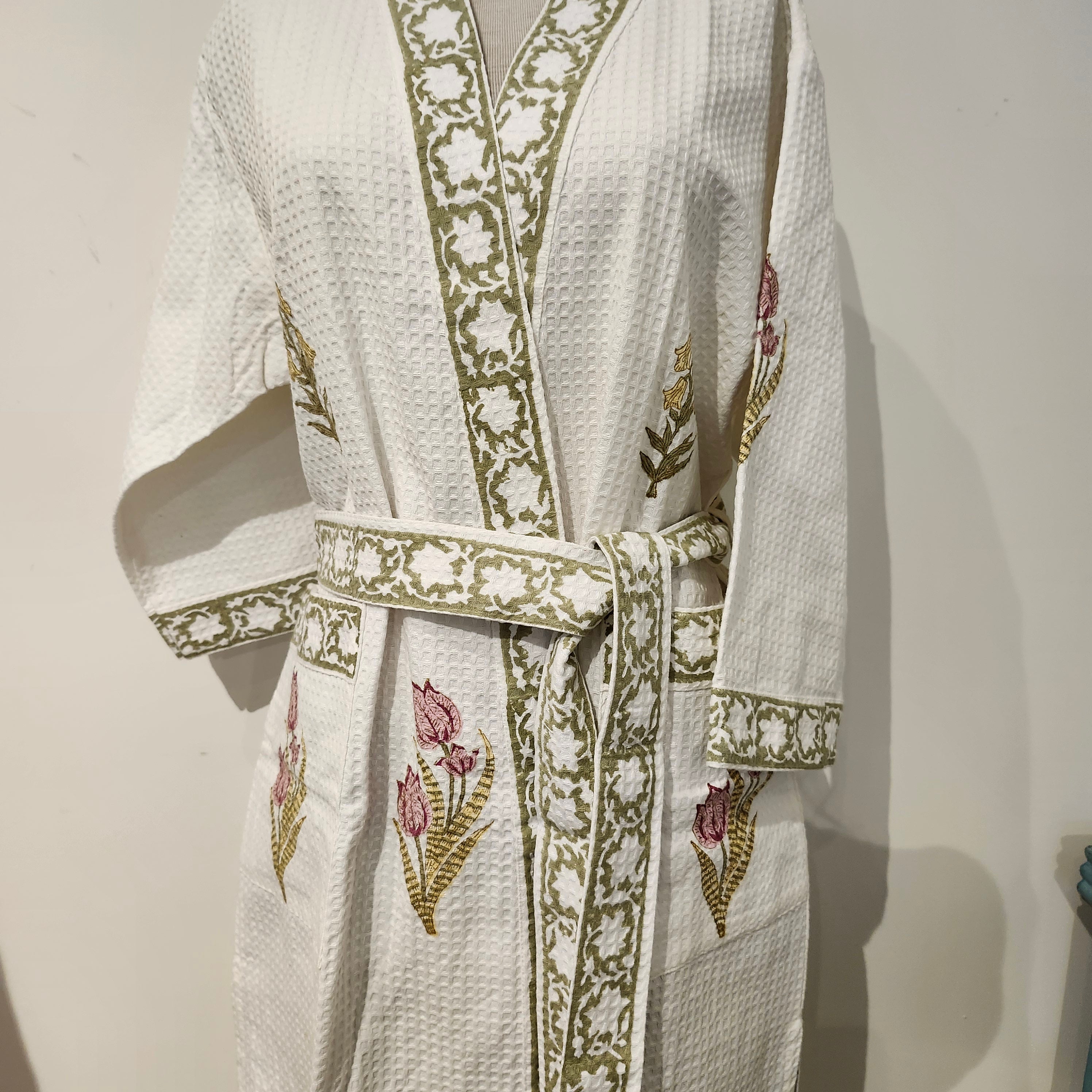 Block Print Waffle Bathrobe, close-up of the texture, from the Inside Living Singapore homeware collection.