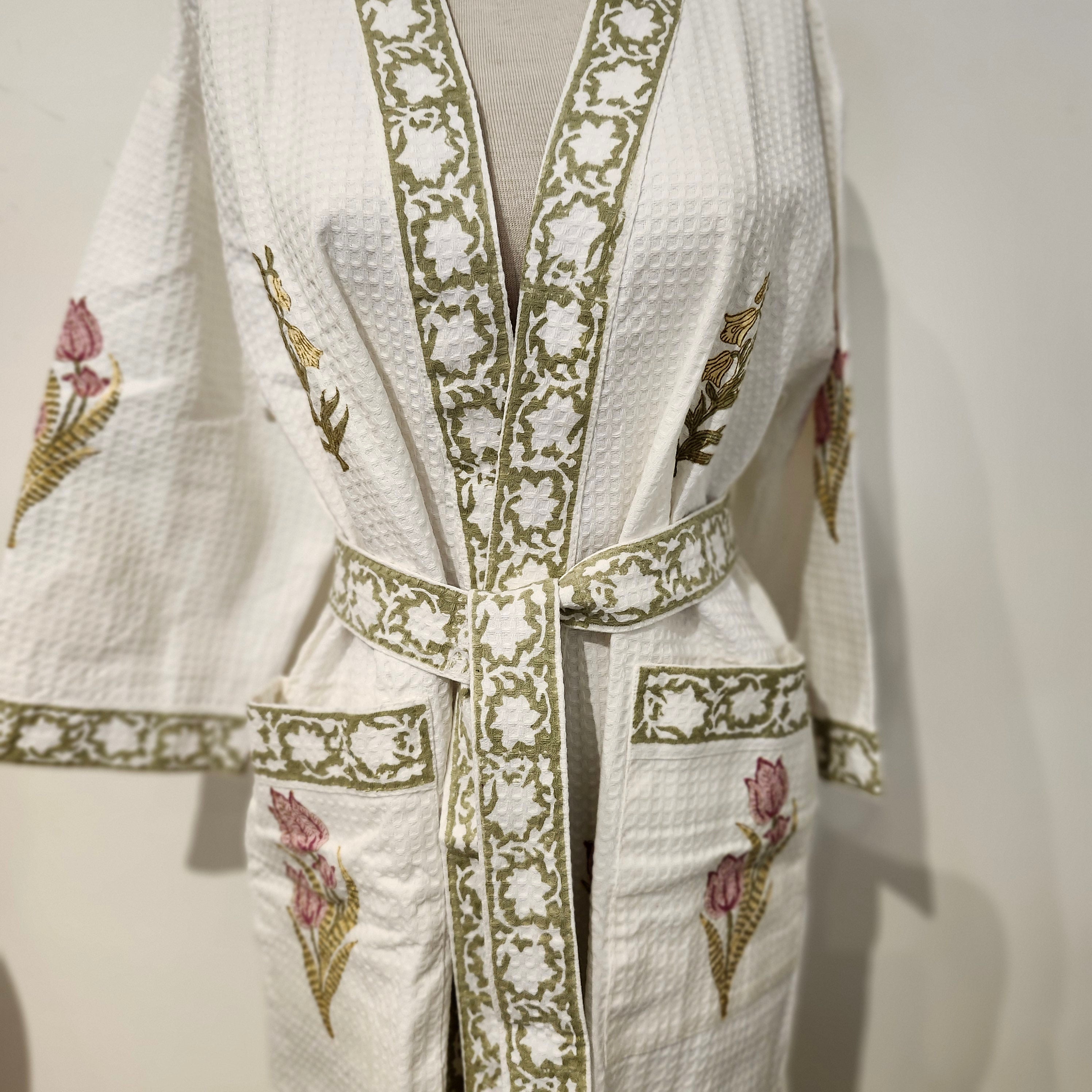 Block Print Waffle Bathrobe, alternative angle, from the Inside Living Singapore homeware collection.