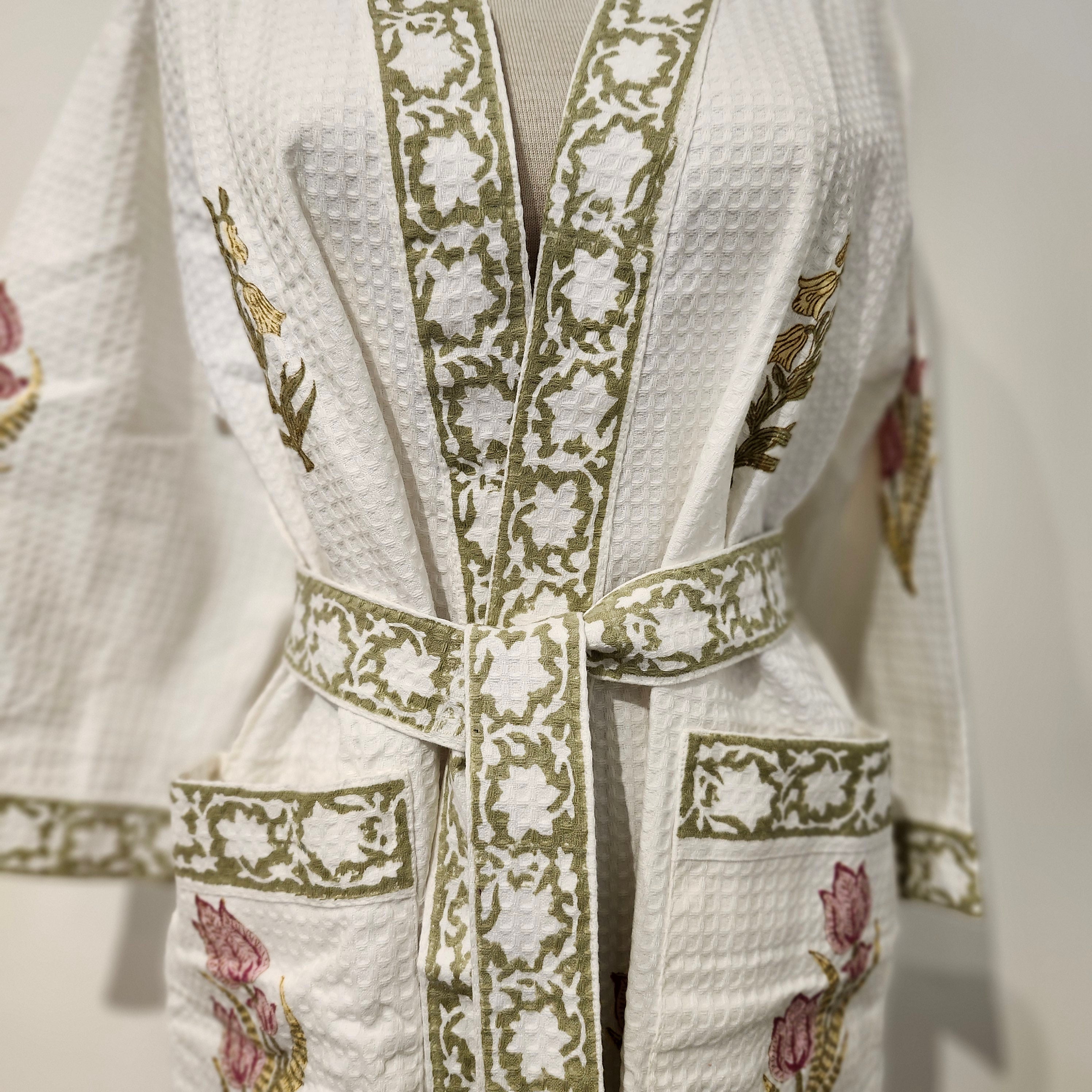 Block Print Waffle Bathrobe, side view, from the Inside Living Singapore homeware collection.