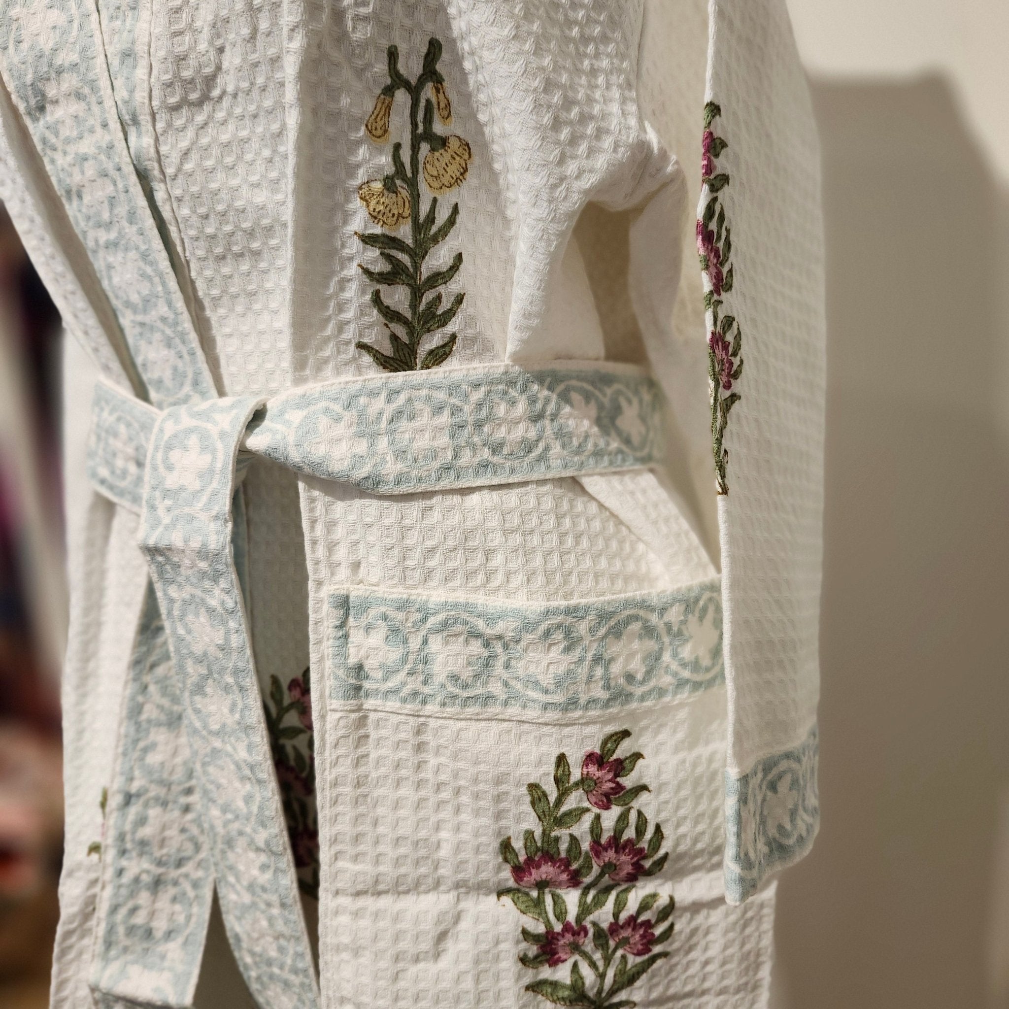 Block Print Waffle Bathrobe, full product view, from the Inside Living Singapore homeware collection.