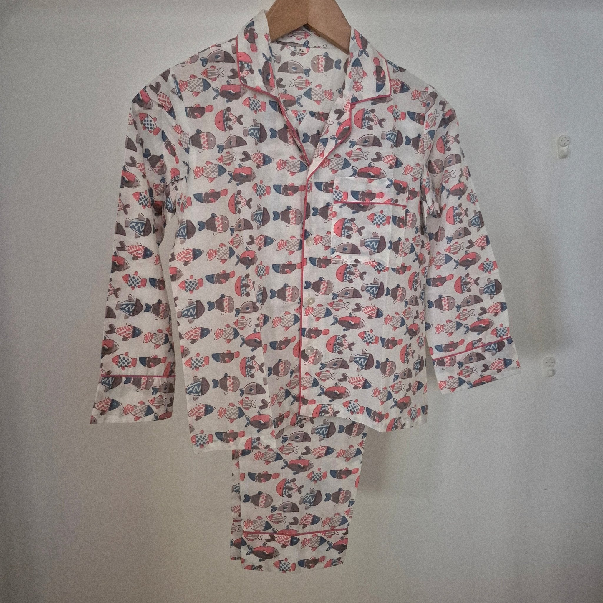 Block print cotton kids long pyjama set in fish design, handmade lightweight childrens nightwear, close-up view