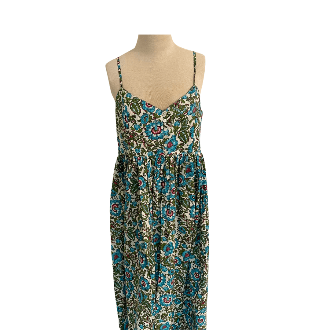 Tropical-inspired block-printed Anna sundress, handmade in three sizes, light and cool for summer