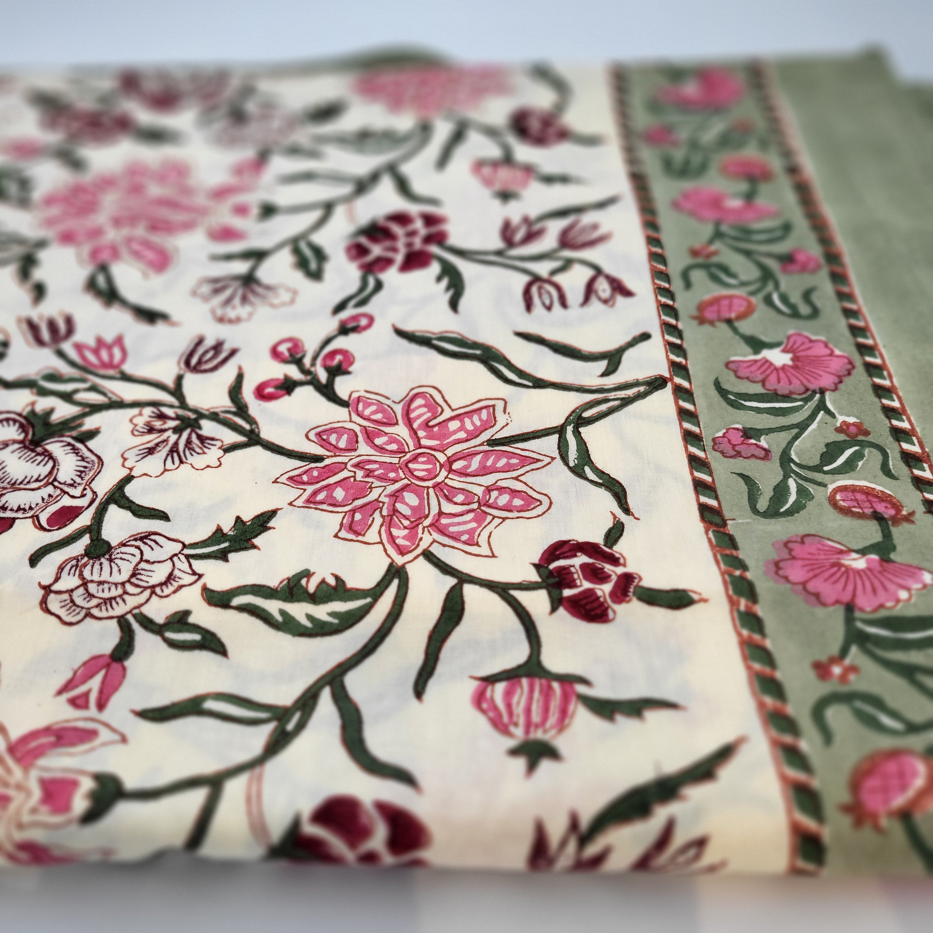 Block print cotton tablecloth with pink and burgundy flowers on cream with olive border, various sizes