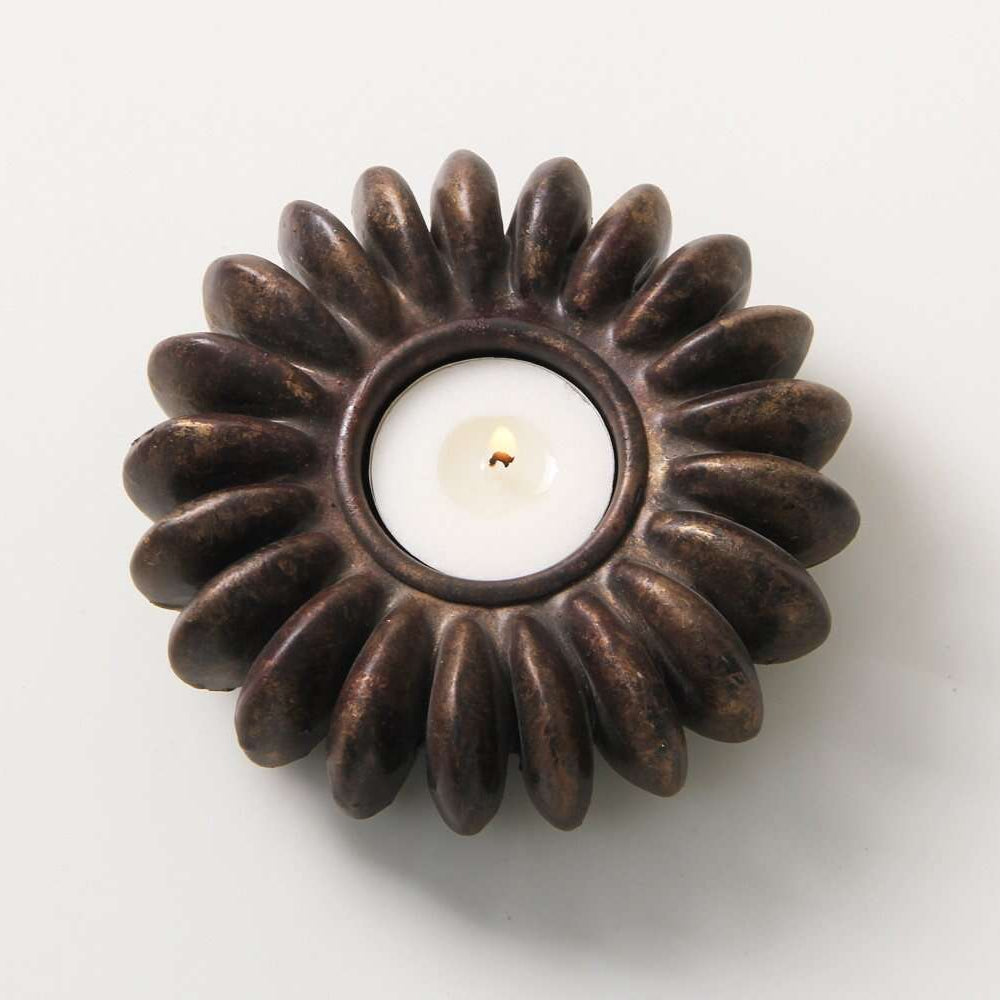 Tea light holder cast from a sandbox seed pod in resin, bronze finish, 12 x 12 cm for table or kitchen