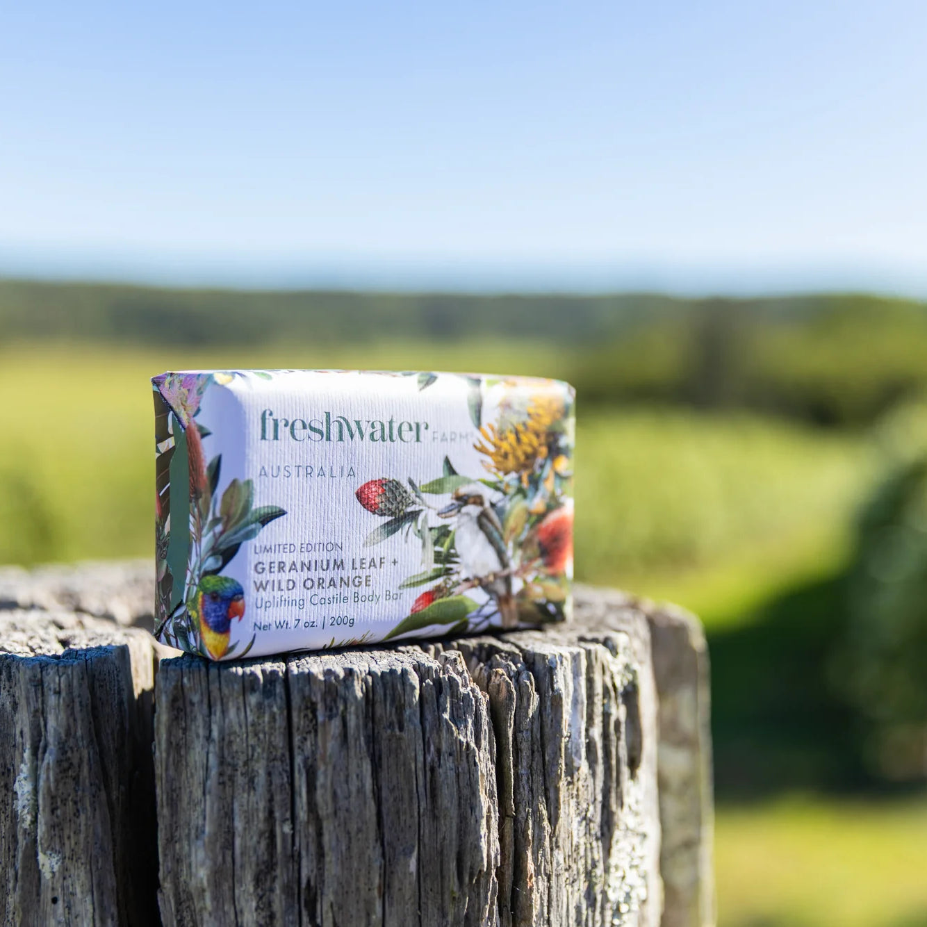 French triple-milled body soap with geranium leaf and wild orange, 200g bar, made in Australia, vegan friendly
