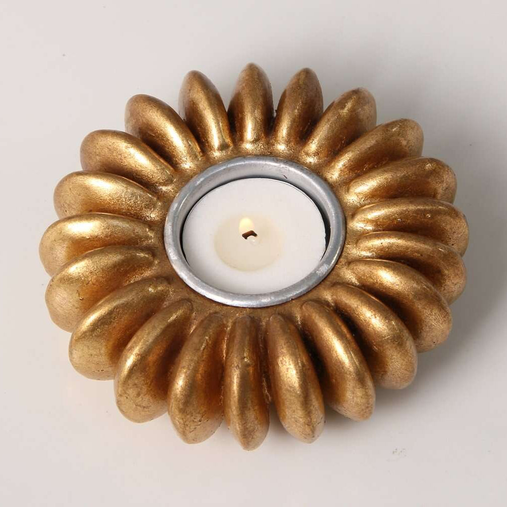 Tea light holder cast from a sandbox seed pod in resin, gold finish, 12 x 12 cm for table or kitchen