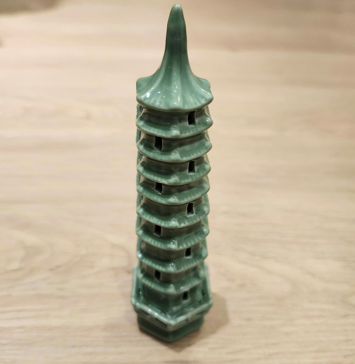 Green ceramic pagoda table decoration, 14 cm tall