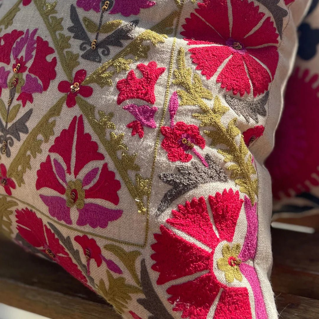 Suzani Linen Cushion Gulestaan, styled in a home setting at Inside Living Singapore.