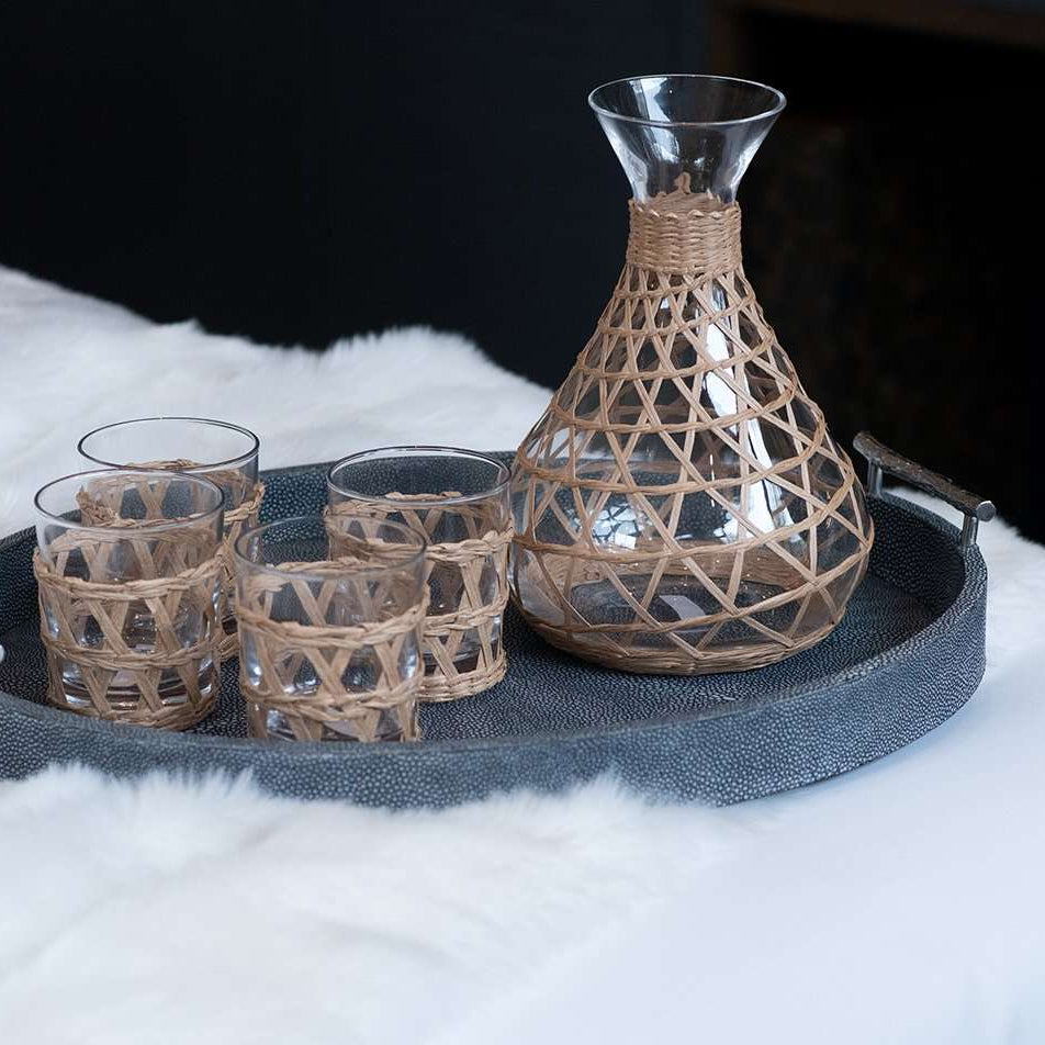 Oval serving tray in charcoal faux shagreen with stainless steel twig handles, for drinks, serving or display