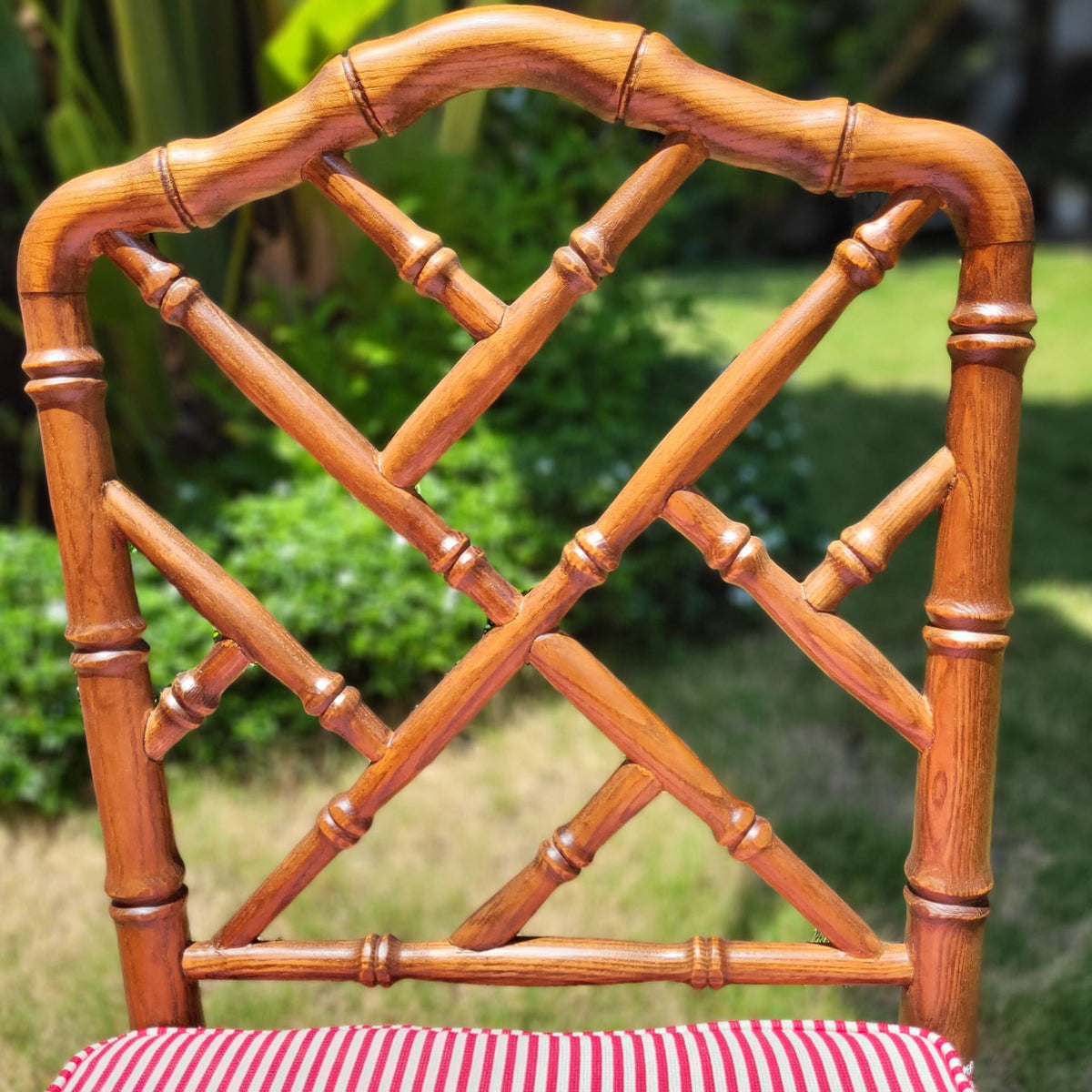 Pimlico chair crafted from ash with a wicker seat and striped cushion, 95 cm high, Chippendale style