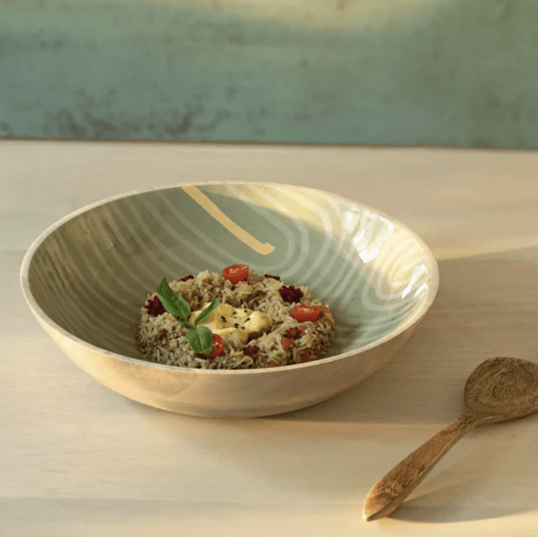 Large Rayas bowl in mango wood with painted stripes and an enamel finish, 30 cm wide, for serving