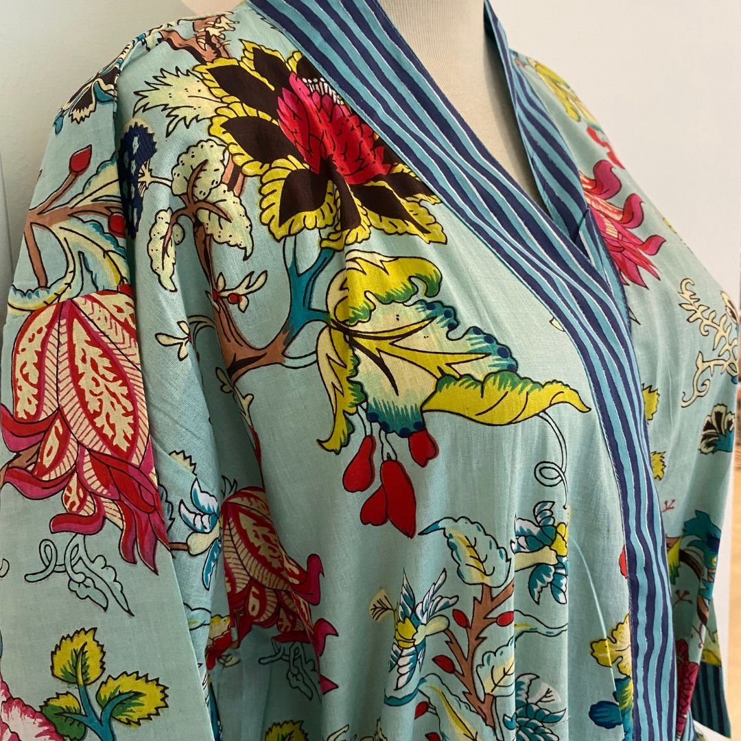 Robe Cotton Block Print Tropical Flower shown from another angle, bath & body at Inside Living Singapore.