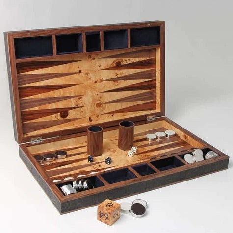 Backgammon board in seal brown faux shagreen and walnut, 54 x 34 cm, with inlaid playing surface and pieces