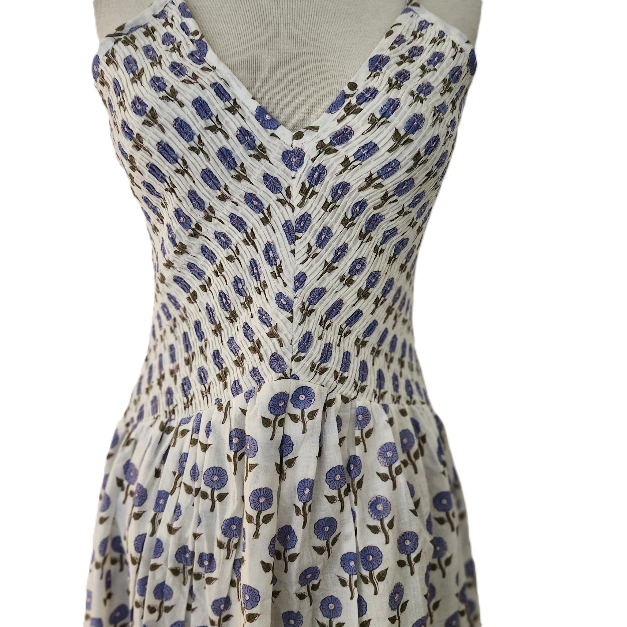 Block printed cotton sundress with elasticated V-neck bodice, adjustable straps and calf-length skirt, assorted prints