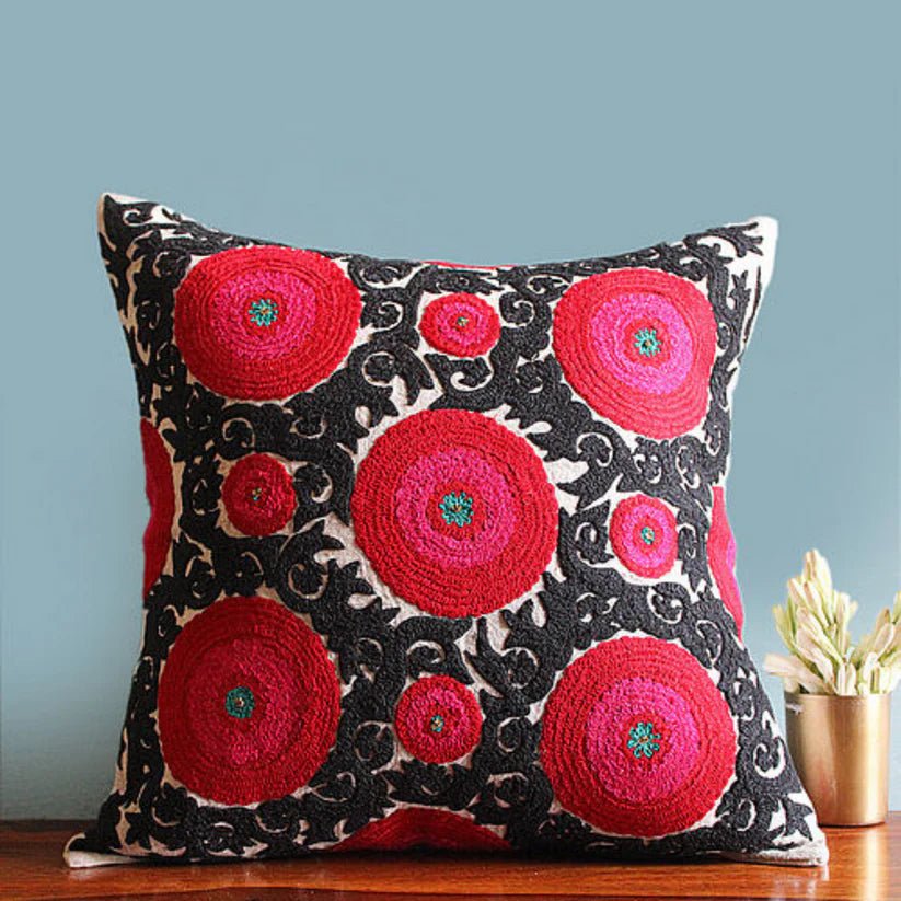 Suzani Linen Cushion Balqash, detail view, from the Inside Living Singapore homeware collection.