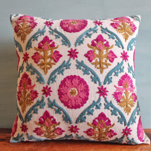 Linen suzani cushion cover with floral trellis motifs in pink, teal and mustard, 45 x 45 cm