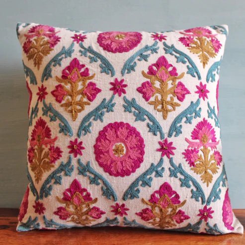 Linen suzani cushion cover with floral trellis motifs in pink, teal and mustard, 45 x 45 cm