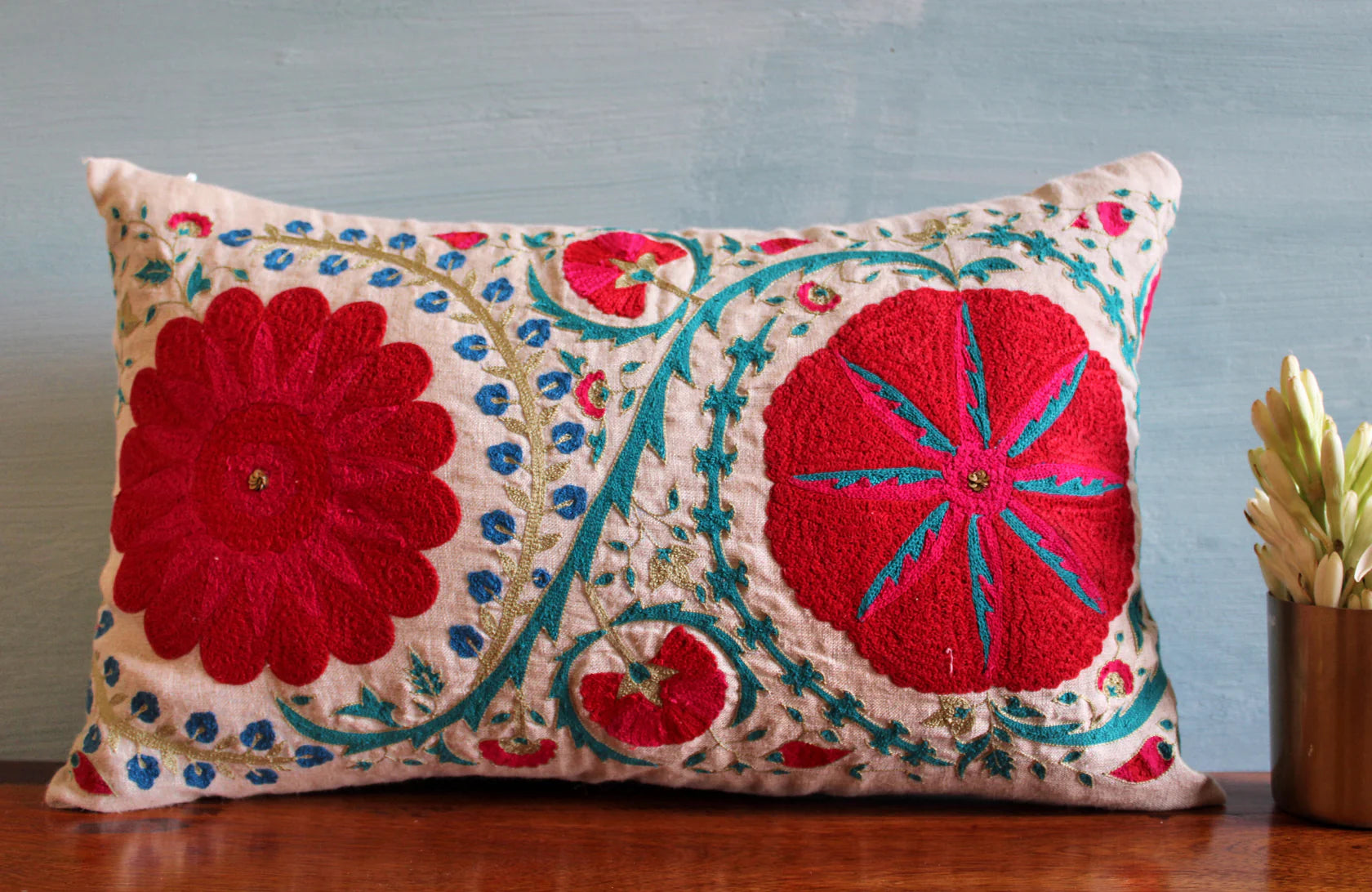 Suzani Linen Cushion Fergana, close-up of the texture at Inside Living Singapore.